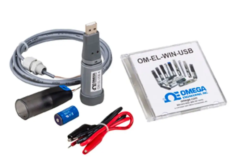 USB-Datenerfassungsgerät mit Zubehörteilen, einschließlich Kabel, Batterie und Software-CD von Grünbeck zur Datenaufzeichnung und -analyse.